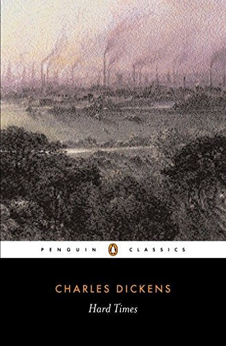 "Book cover of 'Hard Times' by Charles Dickens, featuring a man in a top hat."