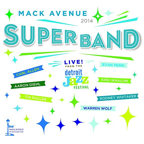 "Album cover with 'SUPERBAND' title, artist names, and colorful stars on a white background."