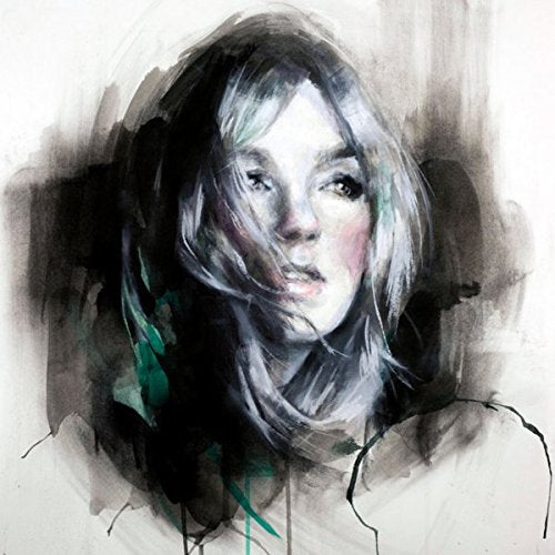 Watercolor-style portrait of a woman with flowing hair and green accents.