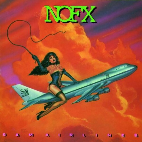 NOFX album cover featuring a woman on an airplane with a whip, orange cloudy background.
