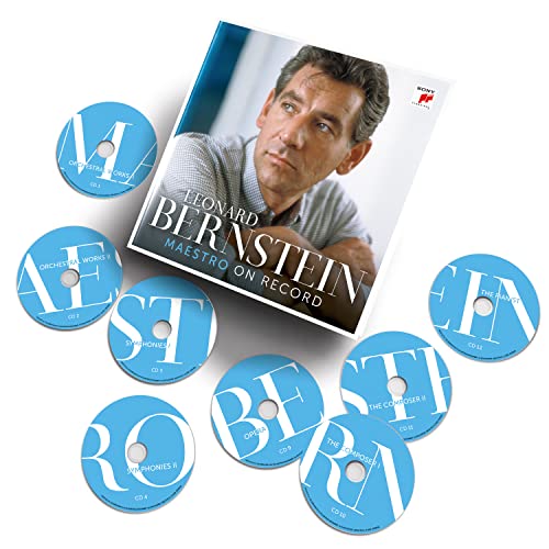 Leonard Bernstein Maestro On Record box set with several blue CDs scattered around.