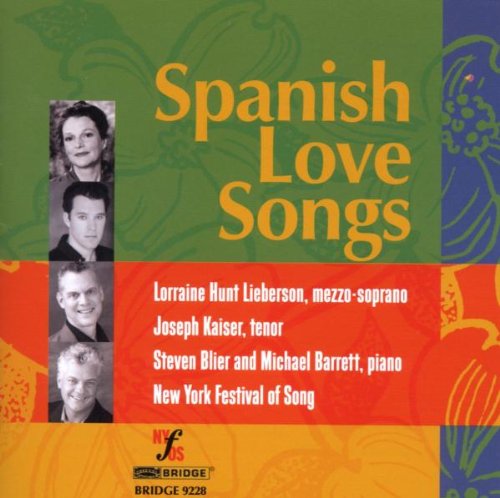 "CD cover with 'Spanish Love Songs' title, four headshots, and floral pattern in green, orange, and blue."