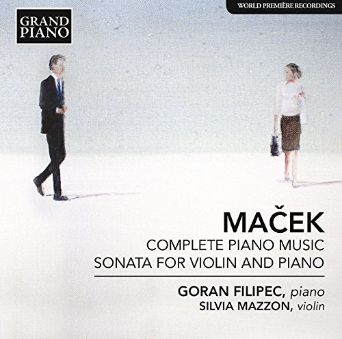 CD cover with man and woman walking, text "MAČEK COMPLETE PIANO MUSIC" and performer names.