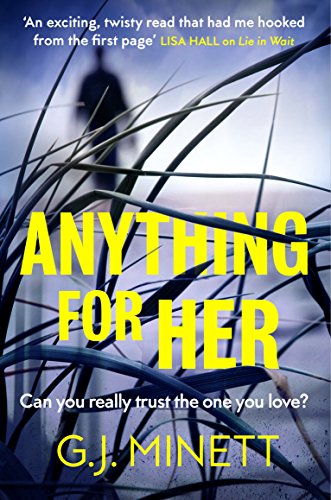 "Book cover with yellow title 'ANYTHING FOR HER' and author's name, against a dark, abstract background."