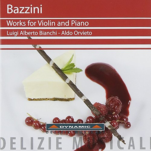 CD cover for "Bianchiorvieto - Bazzini: Works for Violin and Piano" with food imagery.