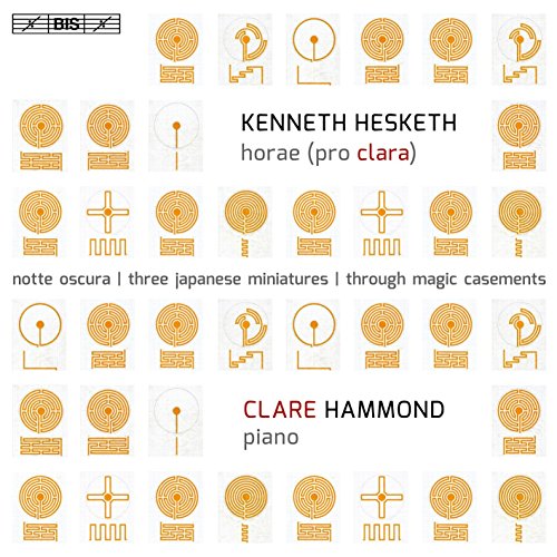 Album cover with gold symbols on a white background, featuring text "Clare Hammond piano".