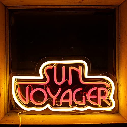 Neon sign spelling “Sun Voyager” in red and white, dark background.