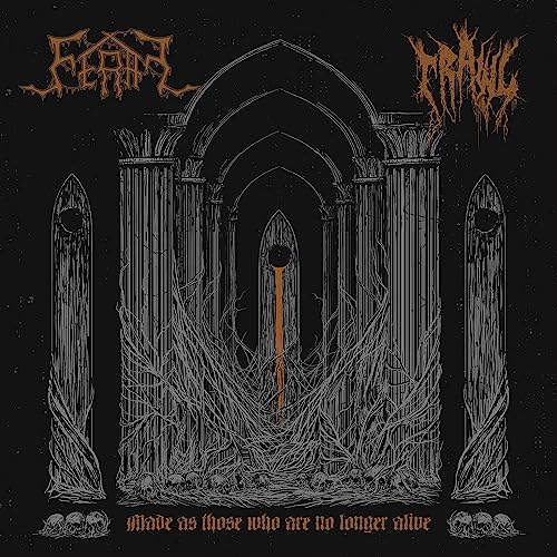 Dark album cover with gothic architecture, skulls, and band names "Feral" and "Crawl".