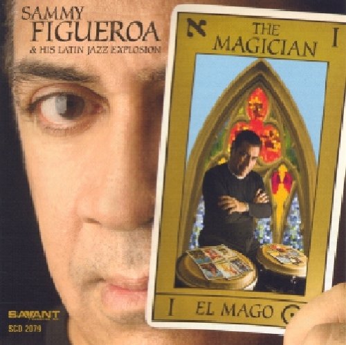 "Album cover with a man's face and a tarot card featuring a magician."