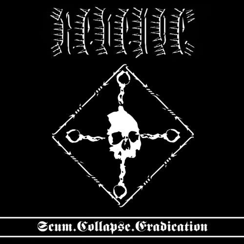 "Black album cover with white skull and chains graphic and gothic text."