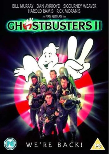 "Ghostbusters II DVD cover featuring the four main characters and a ghost."