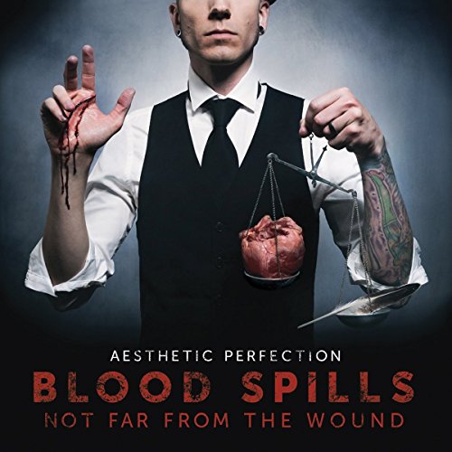 Man in vest and tie holds bloody heart on scale, with blood on his hand.