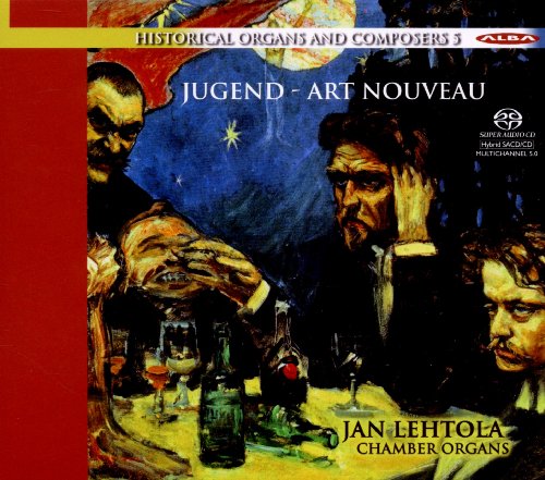"CD cover featuring an abstract painting of three men at a table."
