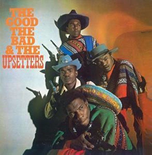 "Album cover with four men, guns, and cowboy hats, orange and blue background."