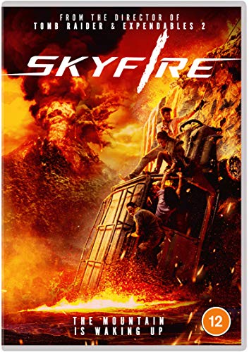 Skyfire" DVD cover: people escaping a fiery disaster on a mountain.