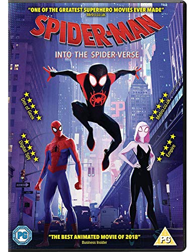 "Spiderman: Into The Spiderverse DVD cover featuring three animated Spiderman characters."
