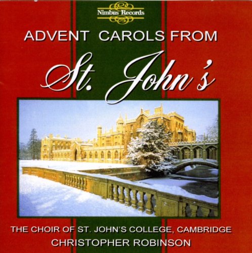 Red CD cover with snowy Cambridge University building and carol title.