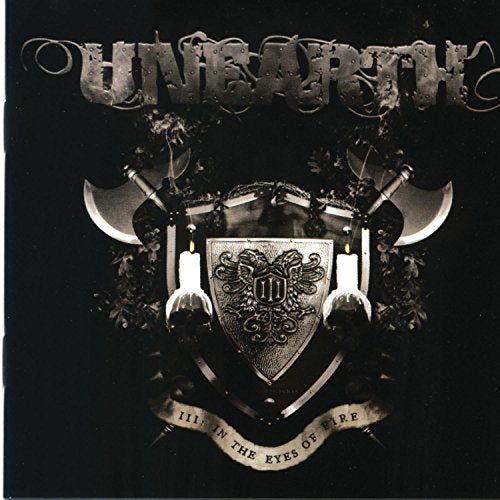 "Album cover with ornate shield, crossed axes, and candles on a black background."