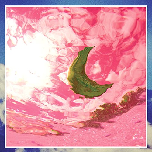 The image shows a pink and green abstract design, possibly an album cover. Alt text: Pink abstract background with green shape, surrounded by blue and white border.