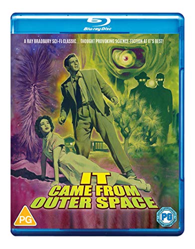 Blu-ray cover for "It Came From Outer Space" with figures and an alien eye.