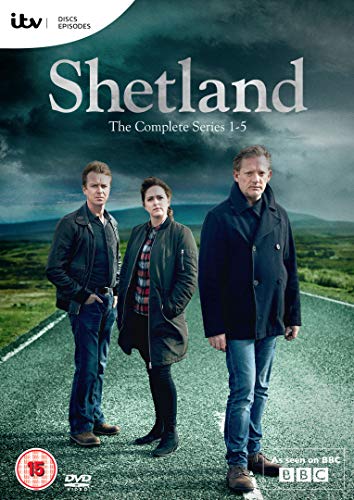DVD cover for Shetland Series 1-5 featuring three actors standing on a rural road.