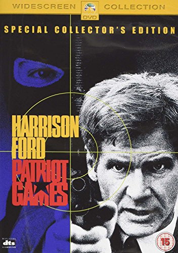 DVD cover for "Patriot Games" featuring Harrison Ford holding a gun, with targeting crosshairs.