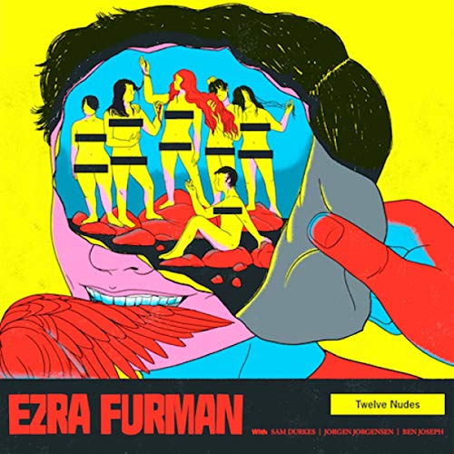 Album cover with a cartoon head and nude figures inside, bright colors, artist's name.