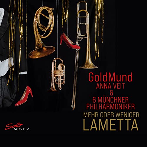 CD cover with brass instruments, red heels, and gold tinsel details.