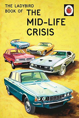 "Book cover with 'The Mid-Life Crisis' title, featuring five classic cars on a yellow background."