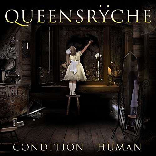 "Album cover art: Young girl in white dress on stool, in dimly lit, cluttered room."