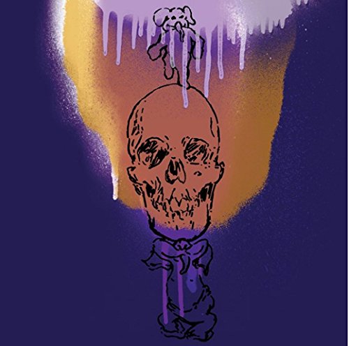 Skull with a small animal figure on top, purple and gold background.