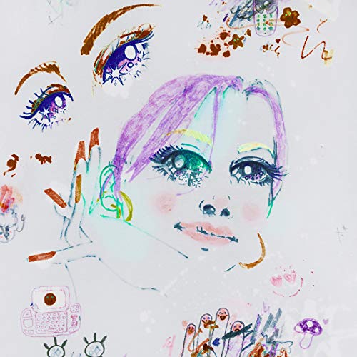 Painted portrait of a woman with large eyes and abstract floral elements.