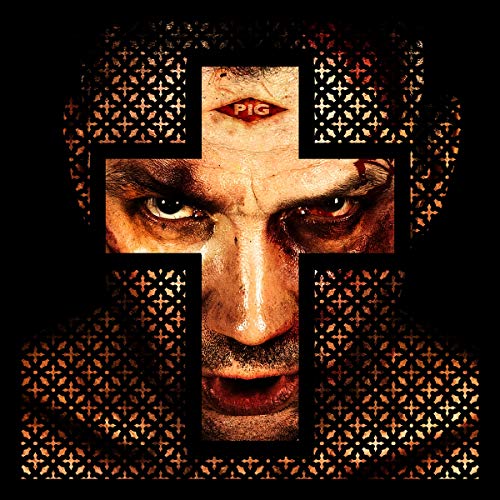 "Album cover featuring a man's face with a cross-shaped cutout, 'PIG' on his forehead."