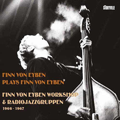 Black and white image of a man holding a double bass, with orange text overlay.