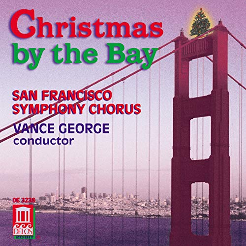 The image is a Christmas album cover featuring the Golden Gate Bridge. Alt text: Christmas album cover with red Golden Gate Bridge and cityscape.