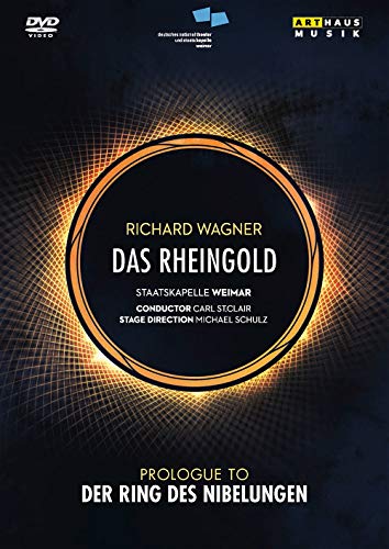 DVD cover for Wagner’s “Das Rheingold” opera, dark blue and gold design.