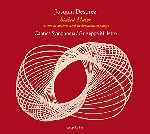 Red album cover with white, swirling design and text listing Josquin Desprez and Cantica Symphonia.