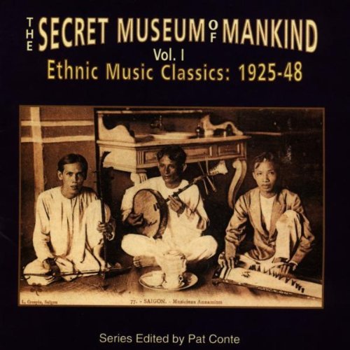 "CD cover with sepia-toned image of three men playing traditional instruments on a black background."