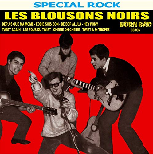 "Red vinyl album cover with four black and white musicians playing guitars."