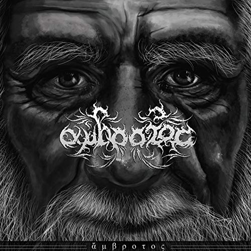 Close-up of an elderly man’s face with ornate, dark lettering.