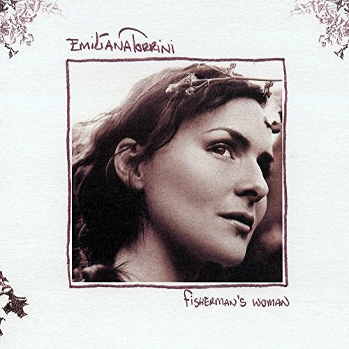 Sepia-toned portrait of Emiliana Torrini in a square frame with floral corner illustrations.