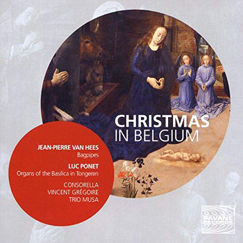 "CD cover with nativity scene and red circle listing artists and title 'Christmas in Belgium'."