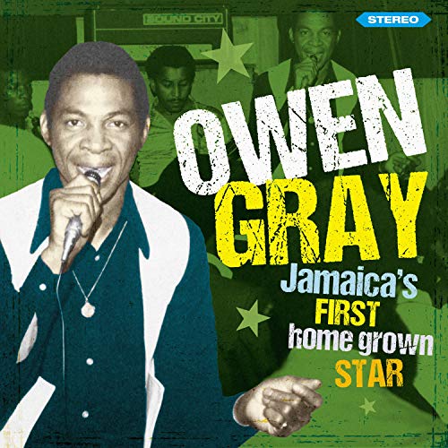 "Owen Gray album cover with a man holding a microphone, green background."