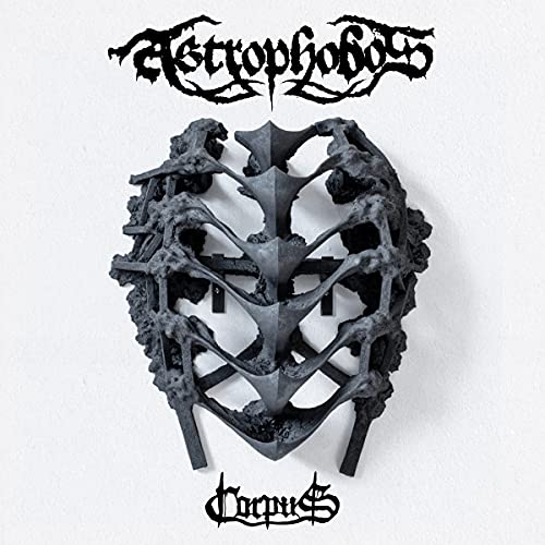 Album cover for Astrophobos’ “Corpus” featuring a dark, spiky sculptural mask.