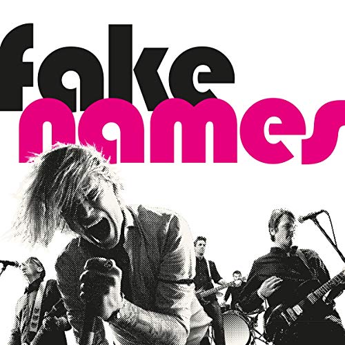 "Album cover with 'fake names' in bold text and a band performing on stage."