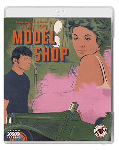 Illustrated Blu-ray cover for Model Shop featuring a man, a woman, and a car.