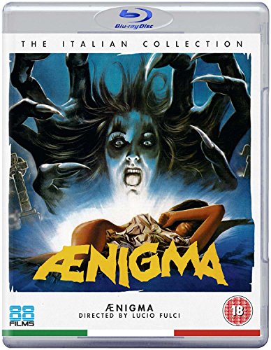 Blu-ray cover for horror film "Aenigma" featuring a screaming woman and shadowy figures.