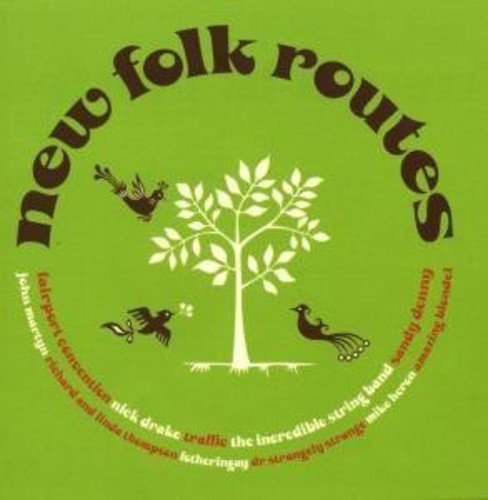 "Album cover with green background, white tree, and birds, titled 'new folk routes'."