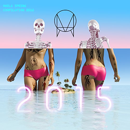 "Album cover with skeleton figures in pink bikinis standing in water, '2015' in neon."