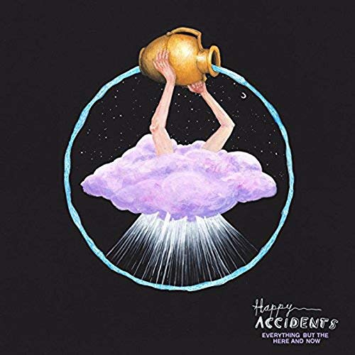 "Vinyl album cover with a cloud pouring water from a jug, on black background."